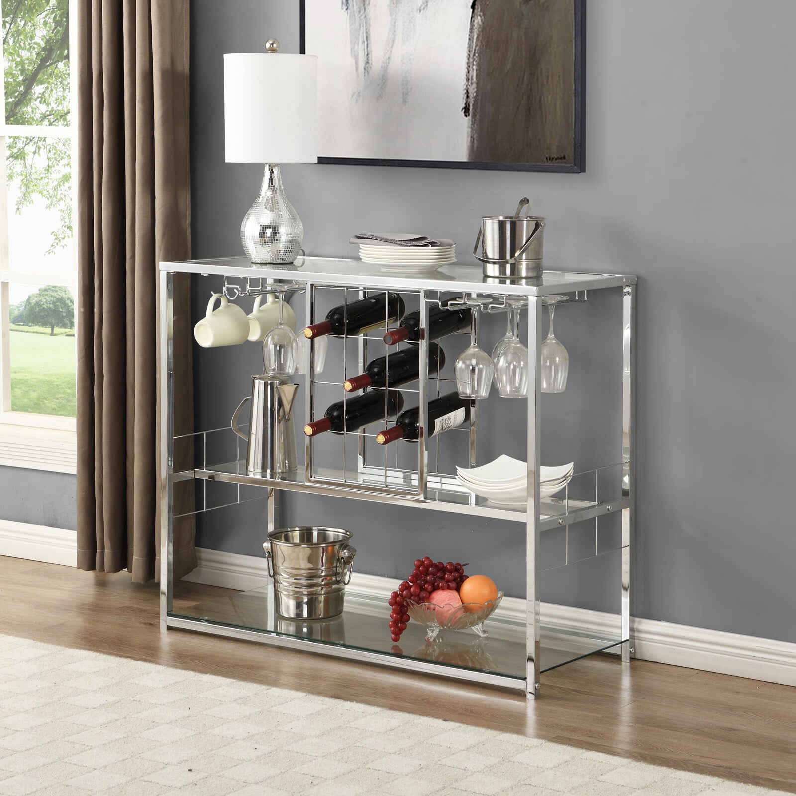 OVERDRIVE Bar Cart Kitchen Serving Cart with Glass Holder and Wine Rack， 3-Tier Kitchen Trolley with Tempered Glass Shelves Chrome