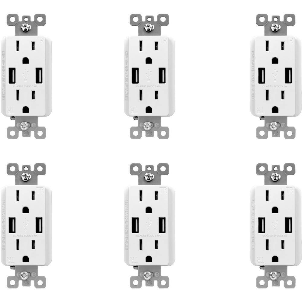 ELEGRP 3.6 Amp Dual USB Charger and 15 Amp Receptacle White (6-Pack) R1615D36-WH-3