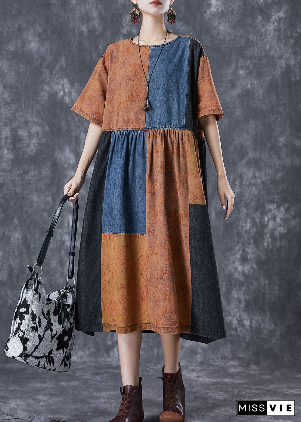 Vintage Colorblock Oversized Denim Patchwork Cotton Dress Summer