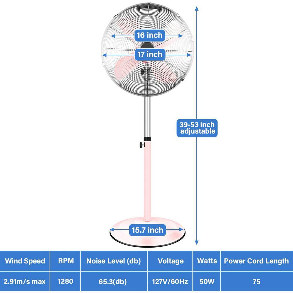 dubbin Premium Metal Pink Stand Fan with Adjustable Height 3 Speed Settings and Low Noise Operation FXFAN-7021