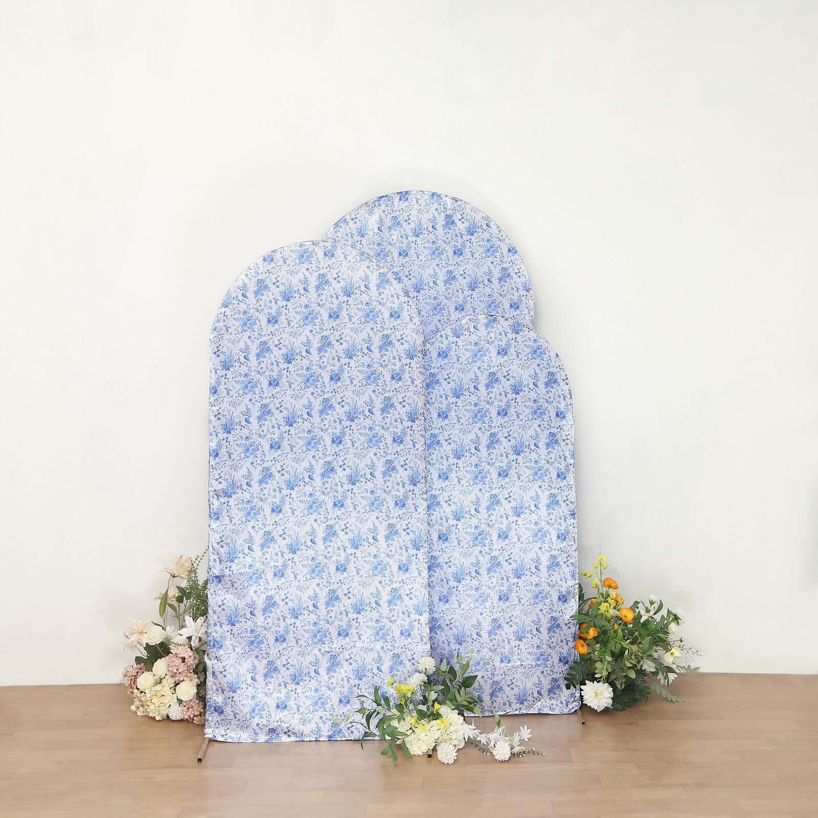 Set of 3 White Blue Satin Chiara Backdrop Stand Covers in French Toile Floral Pattern, Fitted Covers For Round Top Wedding Arches - 5ft,6ft,7ft