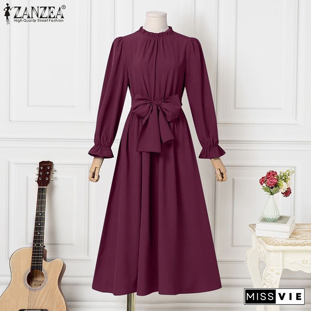 ZANZEA Elegant Spring Long Sleeve Solid Maxi Long Dress Women Sundress Abaya Muslim Robe Lace Up Vestido