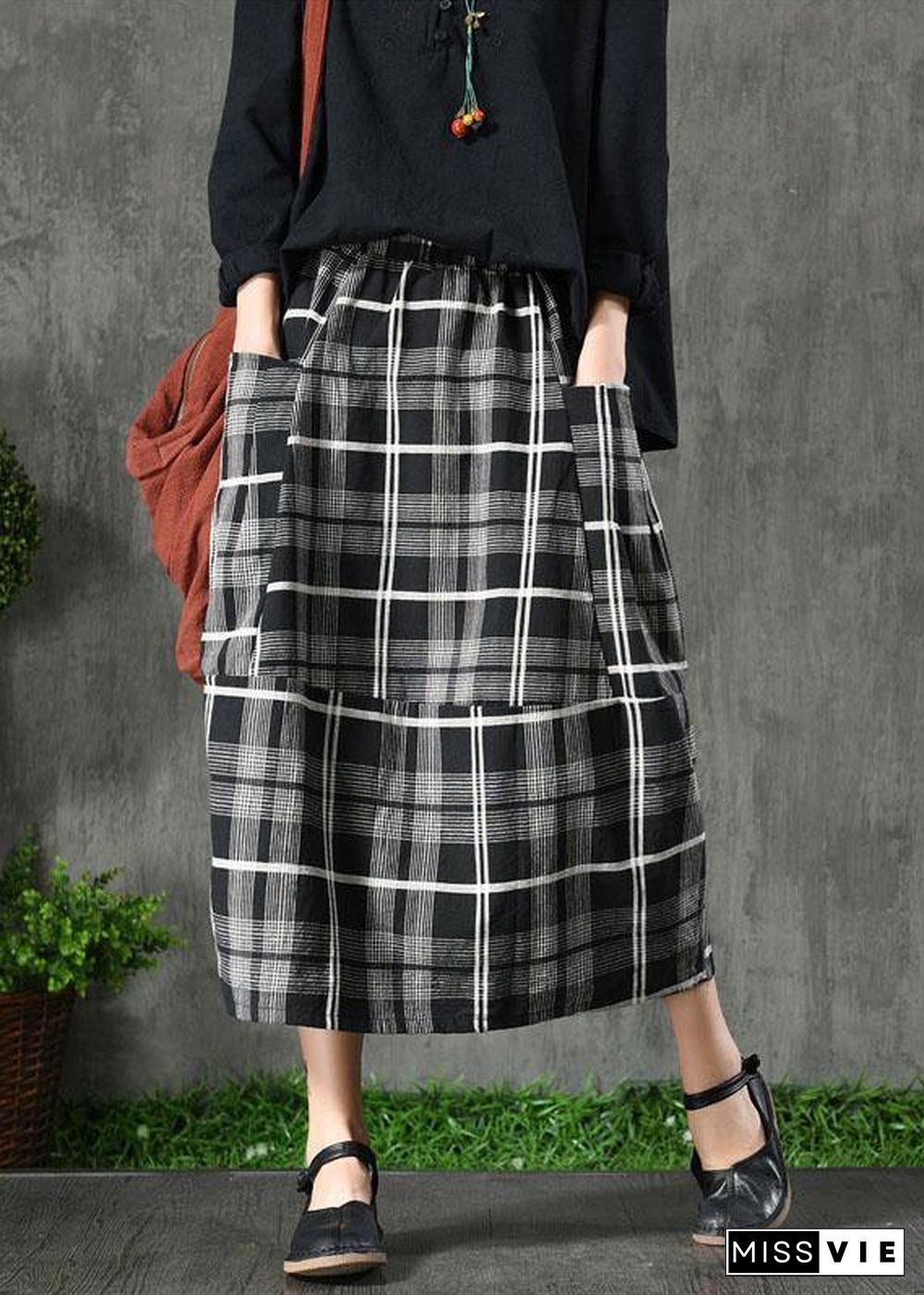 Vintage Black Plaid Pockets Patchwork A Line Fall Skirts