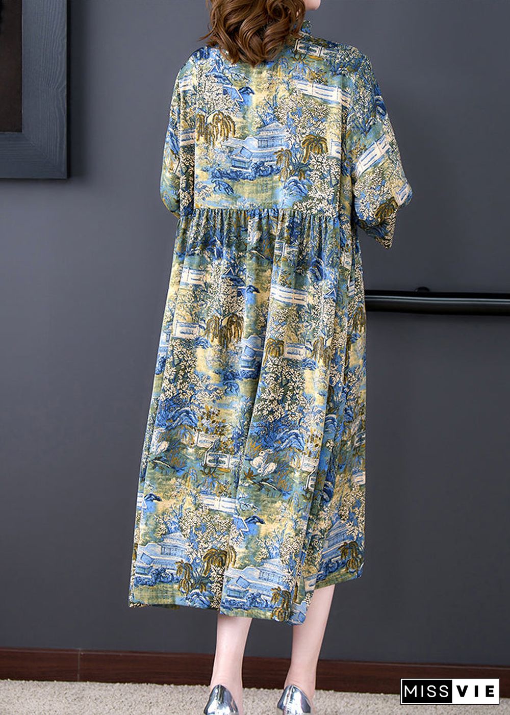 Boutique Stand Collar Wrinkled Print Chiffon Party Dress Summer