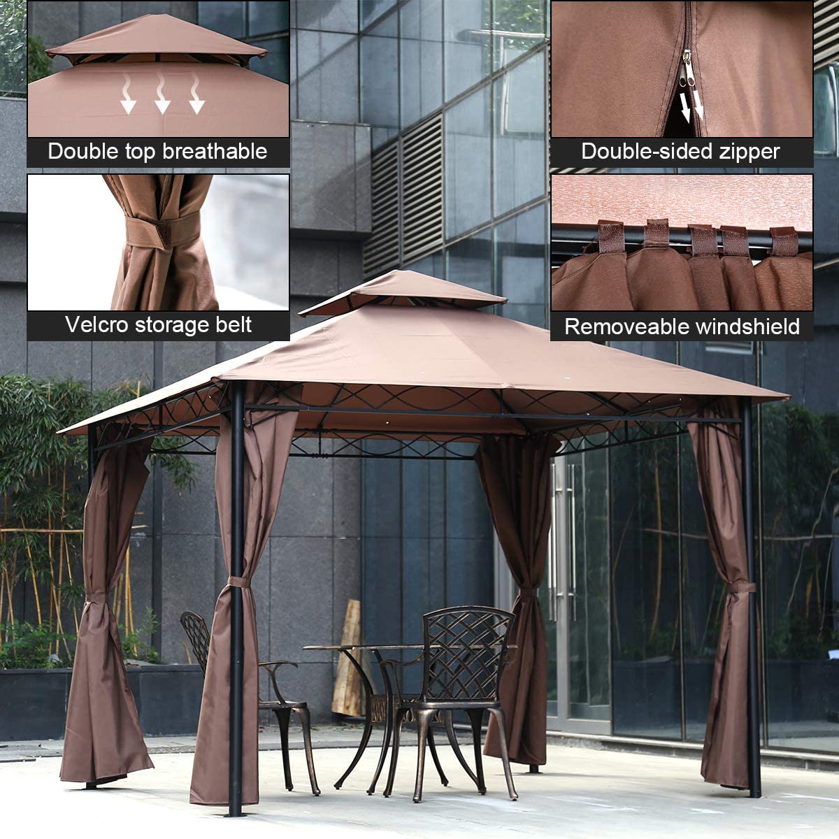 Dkelincs 10’x10’ Gazebo Canopy Tent- Heavy Duty Outdoor Patio Gazebo with Frame & Windshield, Brown