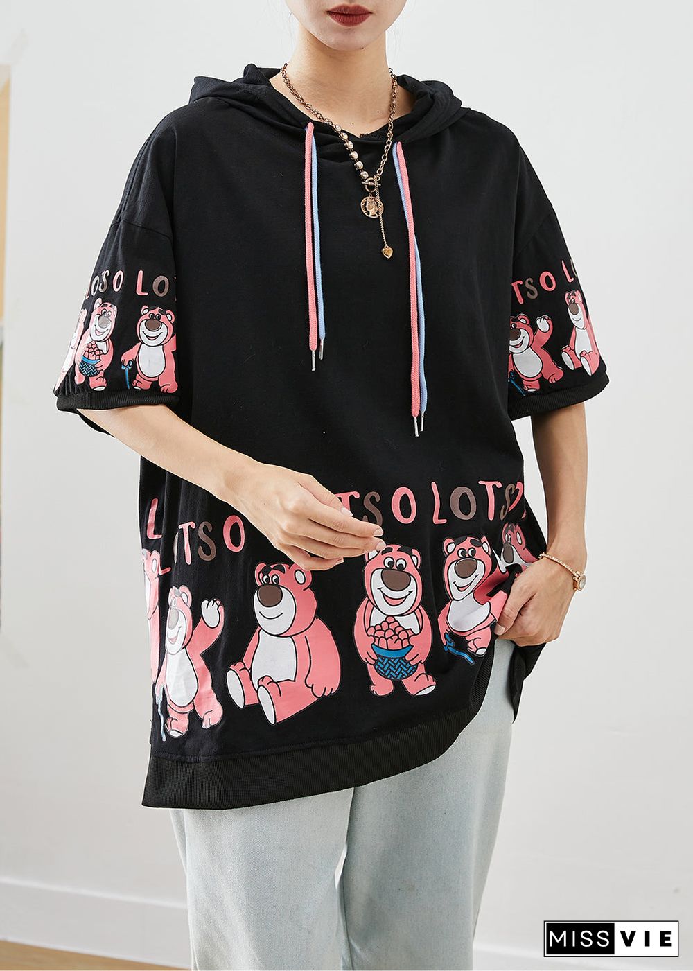 Loose Black Hooded Bears Print Cotton Sweatshirts Tops Fall