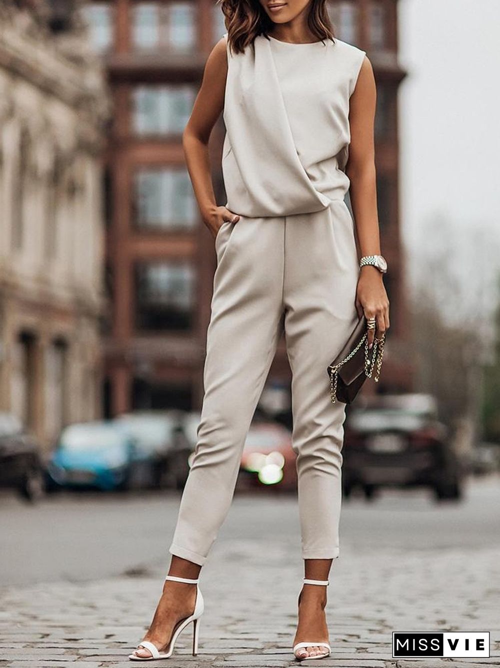 Female Cool Summer Sleeveless Waist Overalls Fashion Pocket Temperament Rompers Casual Loose High Street Pencil Pants Jumpsuits