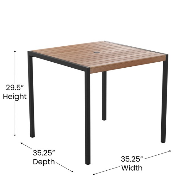 Square Faux Teak Outdoor Dining Table With Powder Coated Steel Frame And Umbrella Hole