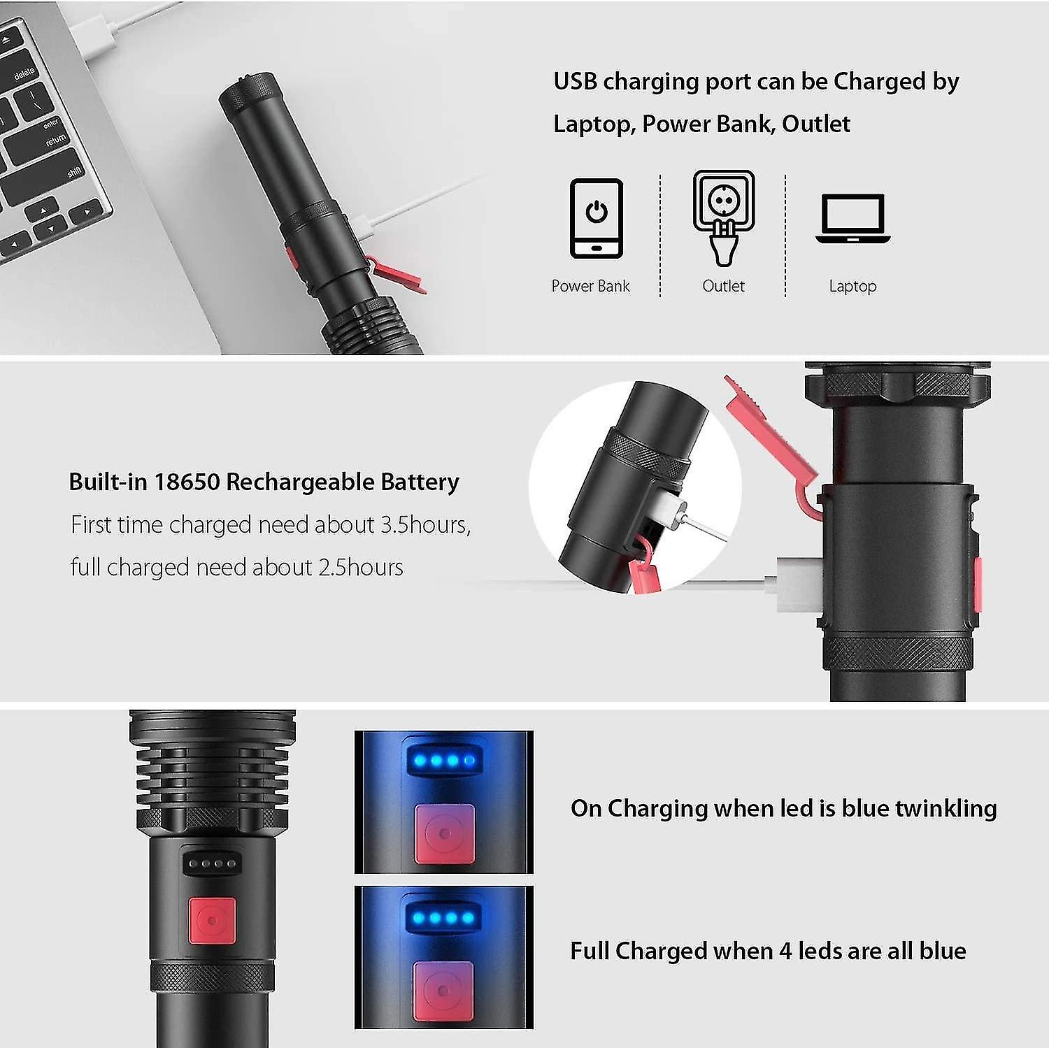 Rechargeable Led Flashlight， 3000 Lumens，ip65，5 Modes(with 5000mah Battery)