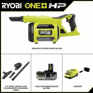 RYOBI ONE+ HP 18V Brushless Cordless Jobsite Hand Vacuum Kit with 4.0 Ah HIGH PERFORMANCE Battery and 18V Charger PBLHV701K