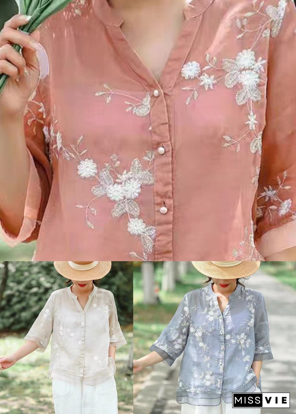 Fine Pink V Neck Embroideried Patchwork Linen Shirt Summer