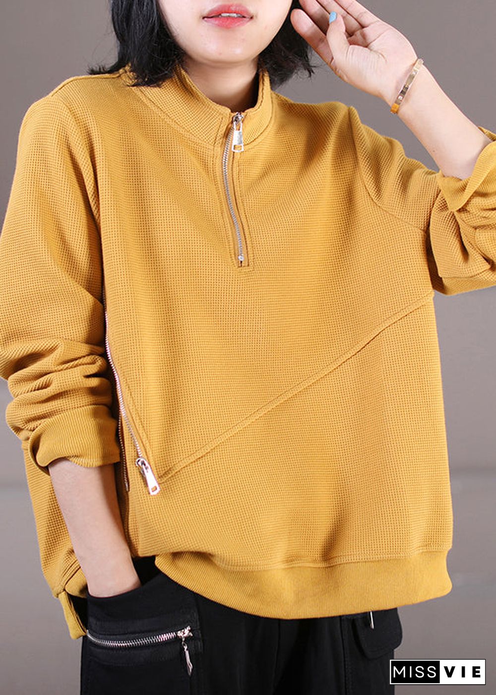 Yellow Stand Collar Side Open Sweatshirt Fall