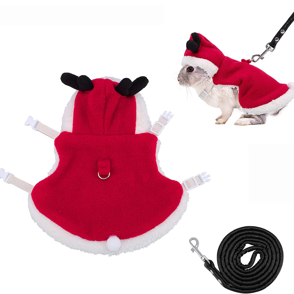 Ugerlov Small Animals Christmas Costume Christmas Rabbit Harness and Leash Set Rabbit Xmas Cape with Deer Antler Bunny Warm Christmas Clothes Guinea Pig Apparel for Ferret Kitten Chihuahua Mini Dog S