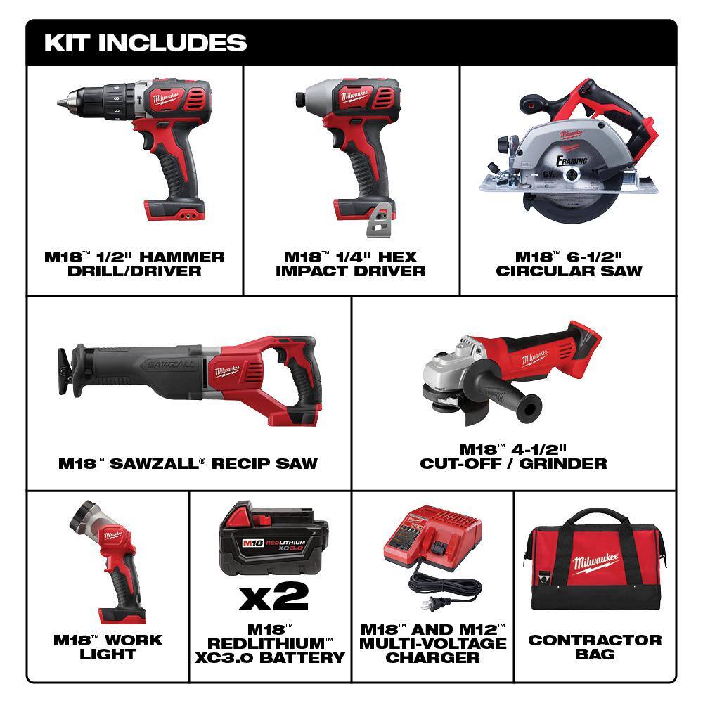 MW M18 18-Volt Li-Ion Cordless Combo Kit (6-Tool) wTwo 3.0 Ah Batteries 1 6.0 Ah Battery 1 Charger and 1 Tool Bag 2696-26-48-11-1865