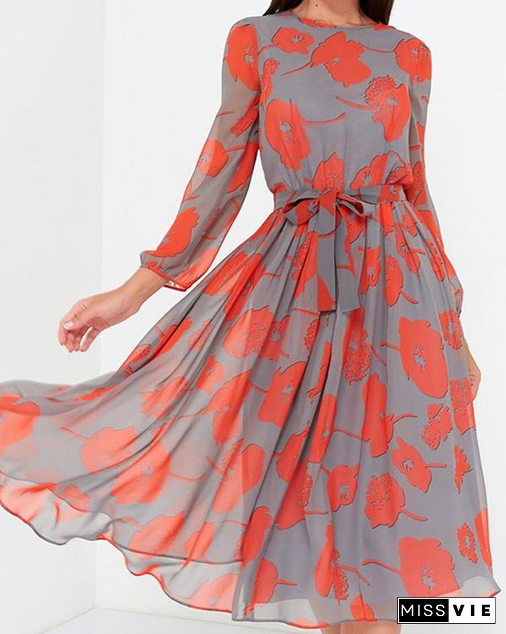 Elegant Chiffon Floral/Dot Print Long Sleeve Spring Women Dresses