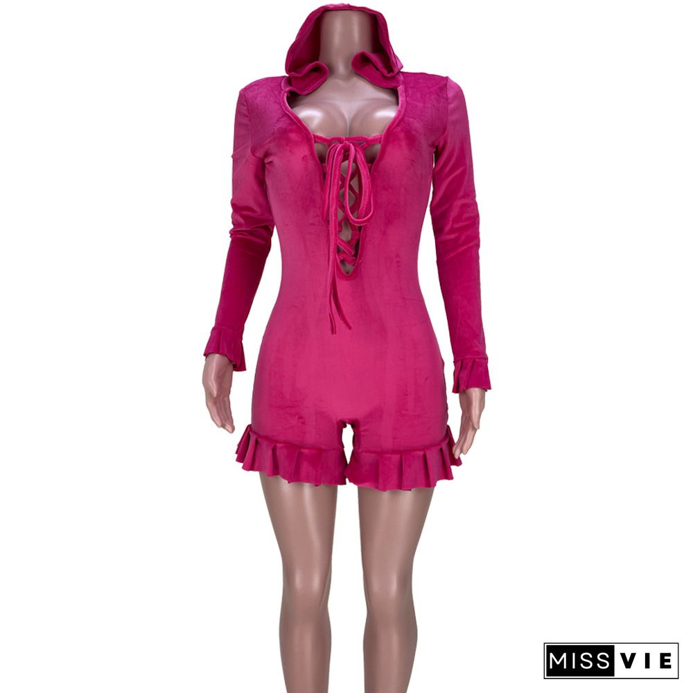 Solid Velvet Bandage Hollow Out Hooded Rompers