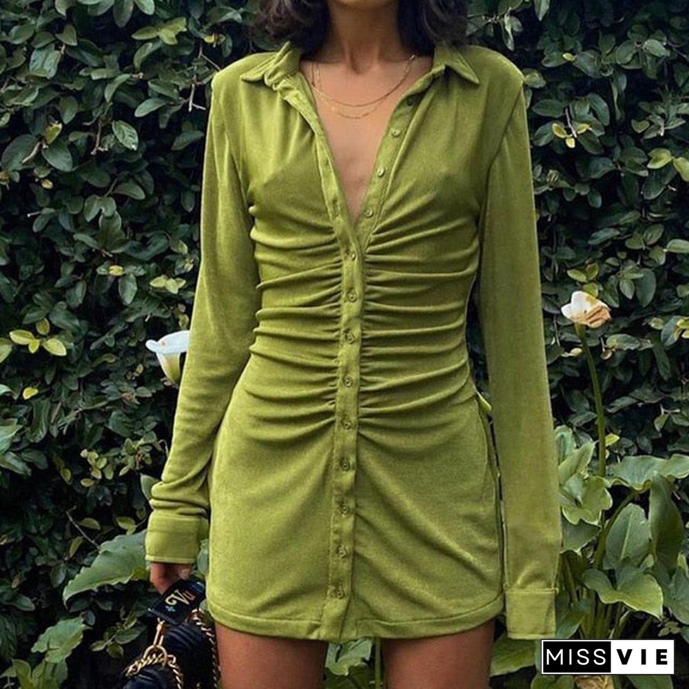 Sexy Mini Slim Dress Women Green Club Party Dress Turn-Down Collar Button Short Dresses Female Elegant Streetwear Shirt Vestidos