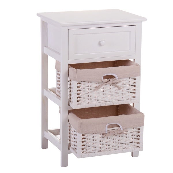 Wood Side Table With Drawer and 2 Basket in White