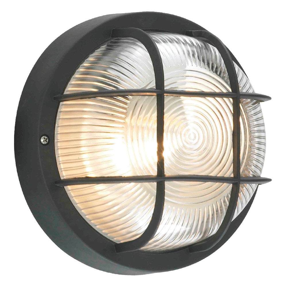 Britalia BRCZ-20947-BLK Black & Ribbed Glass Outdoor Modern Round Bulkhead Wall Light 18cm