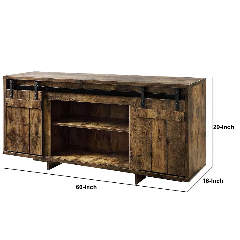 60 Inches Wooden TV Stand with 2 Barn Sliding Doors， Rustic Brown