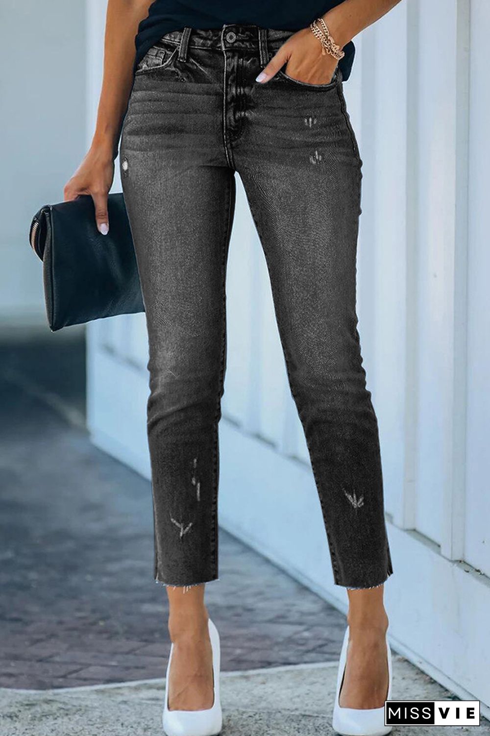 Mid Waist Split Side Skinny Jeans Wholesale Boutique