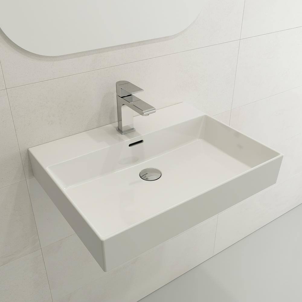 BOCCHI Milano Wall-Mounted White Fireclay Bathroom Sink 24 in. 1-Hole with Overflow 1376-001-0126