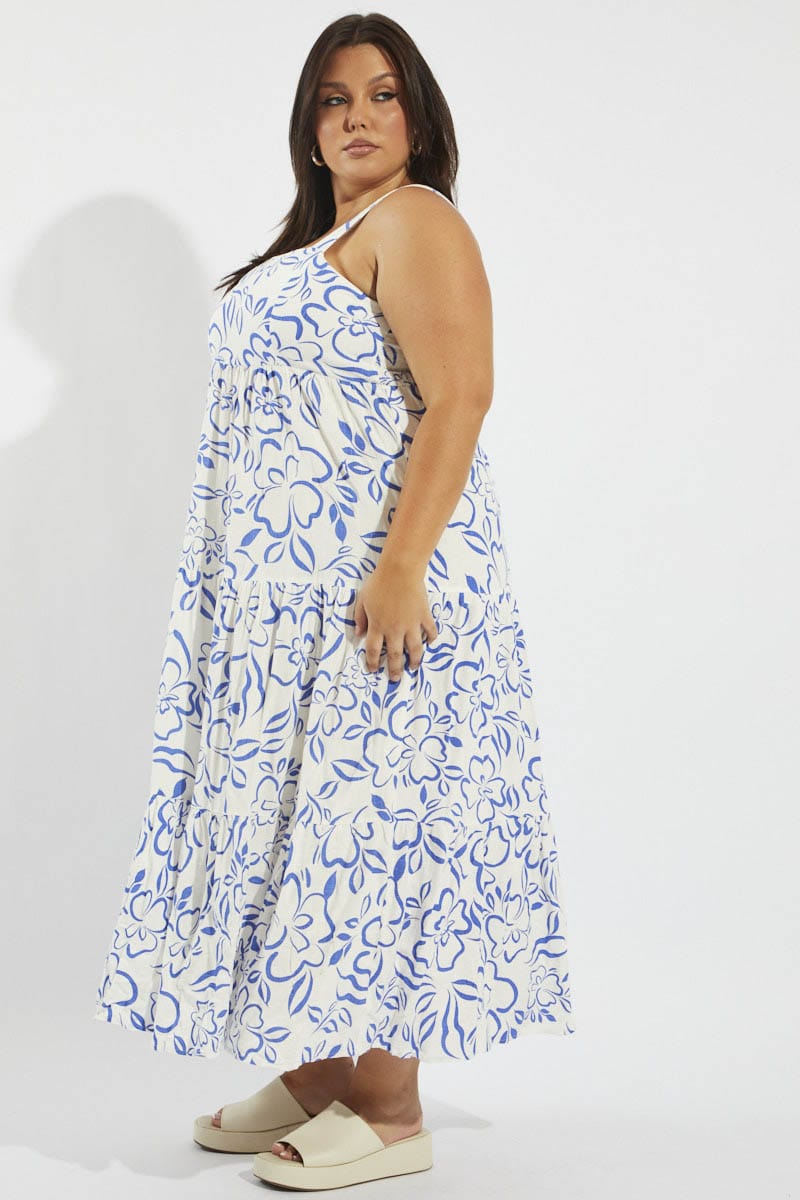 Blue Abstract Maxidress Shirred Back Tiered