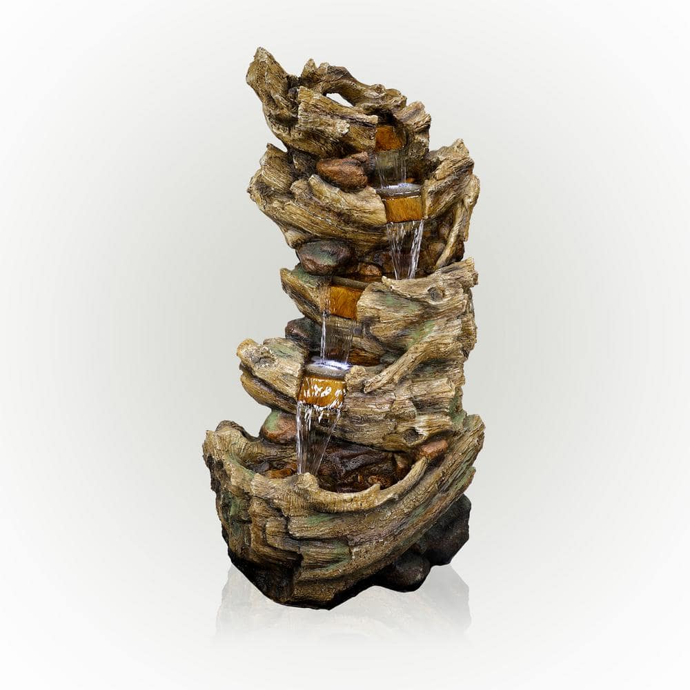 Alpine Corporation 47 in. Tall Outdoor 5-Tier Tree Trunk Waterfall Floor Fountain with LED Lights TZL132