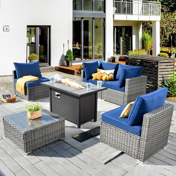 XIZZI Patio Furniture Set 6 Pieces Outdoor Sectional Rattan Sofa with Firepit