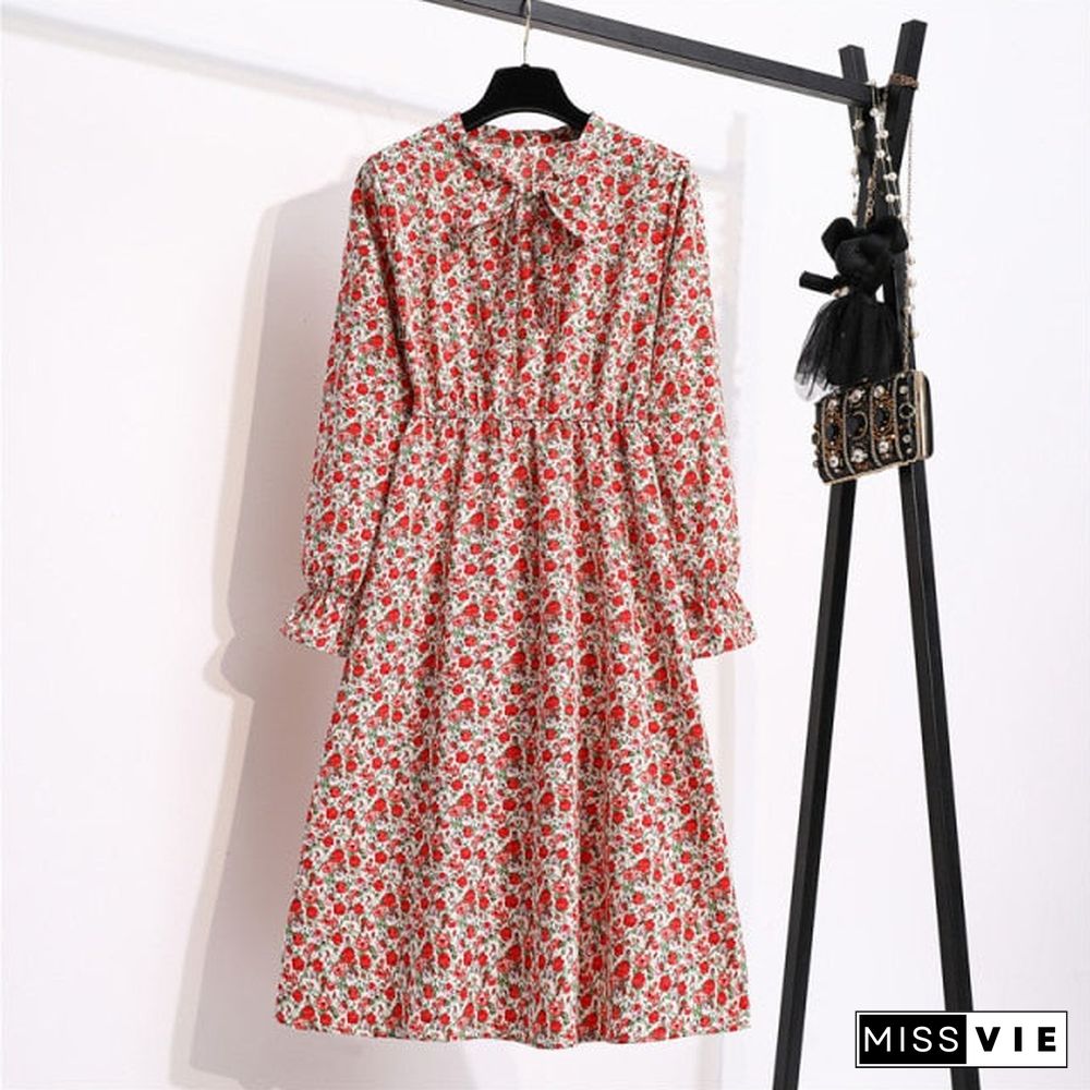 NIJIUDING Women's Chiffon Dress Female Vintage Floral Printed Long Sleeve Bow Midi Dresses Spring Autumn Flare Sleeve Vestidos