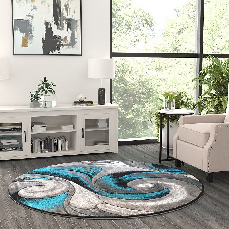 Masada Rugs Masada Rugs DaVincii Collection 6'x6' Round Modern Woven Area Rug with Hand Carved Wave Design in Turquoise - Design D410