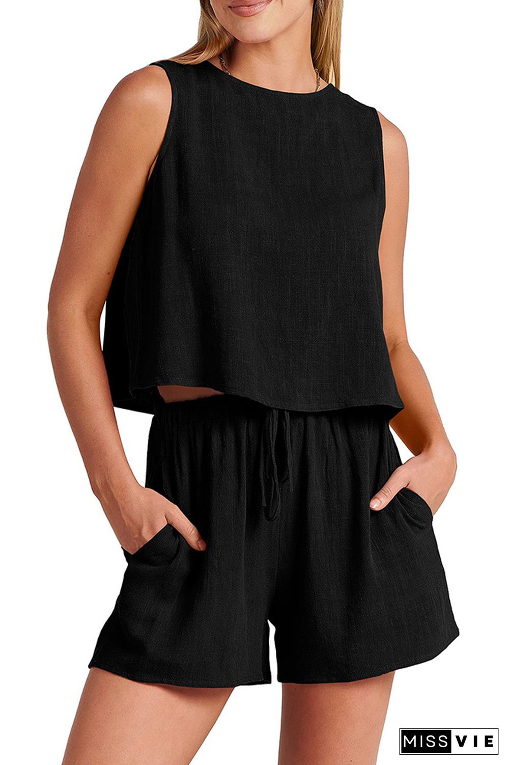 Plain Sleeveless Back Buttoned Tank Top With Elastic Waist Shorts Lounge Set