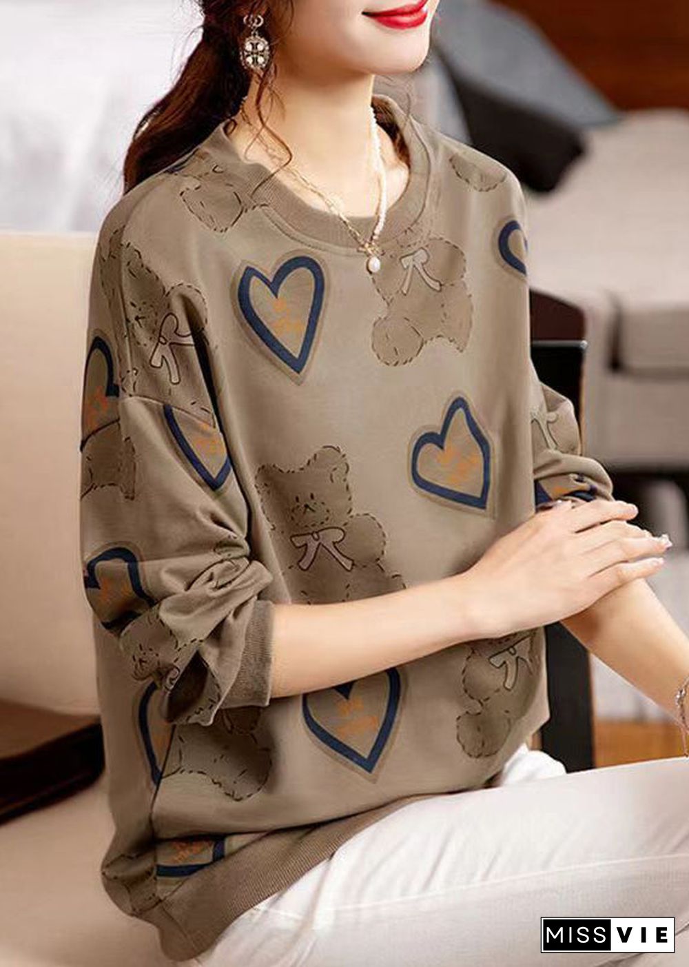 Women Coffee O Neck Print Patchwork Cotton Sweatshirt Fall