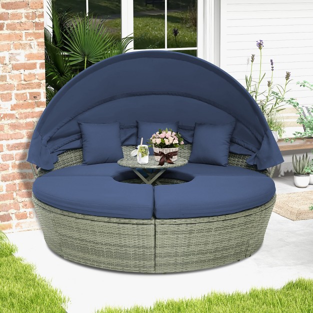 Costway Patio Rattan Daybed Outdoor Sectional Seating With Side Table amp Retractable Canopy