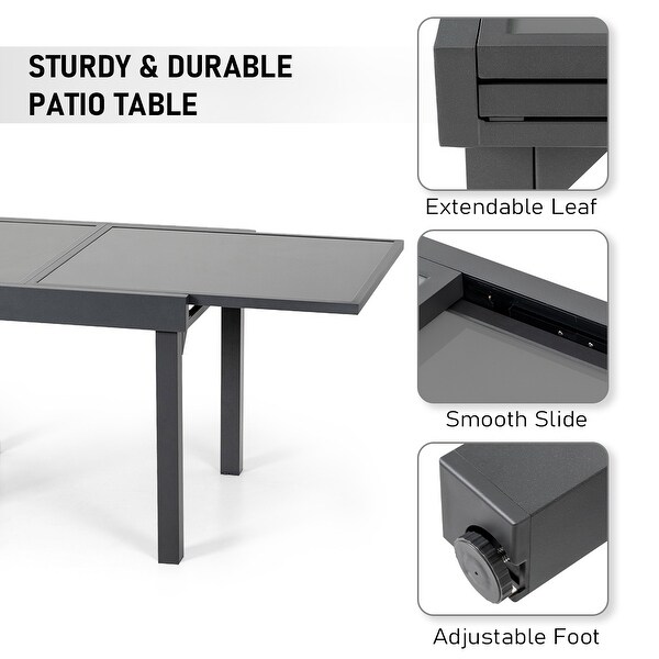 VredHom Outdoor Tempered Glass Top Aluminum Extendable Dining Table