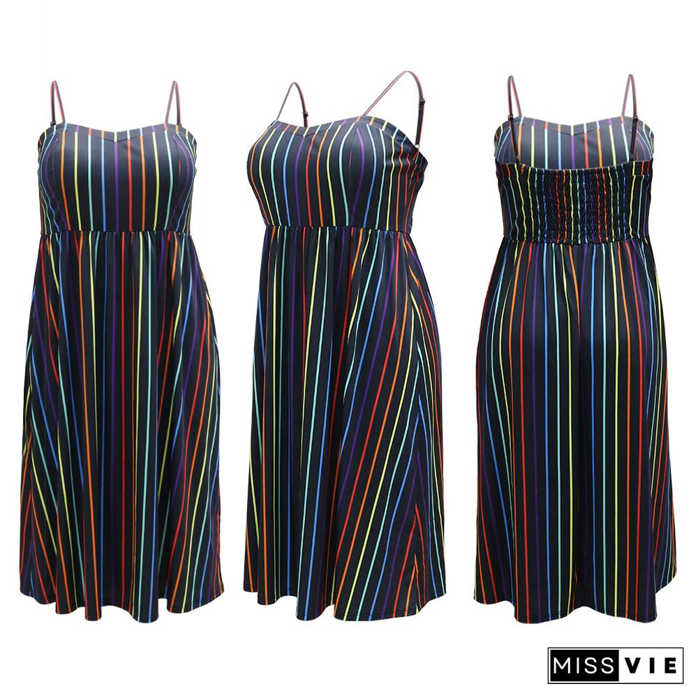 Plus Size Women Striped Print Sleeveless Spaghetti Strap Summer A Line Casual Club Party Midi Dresses