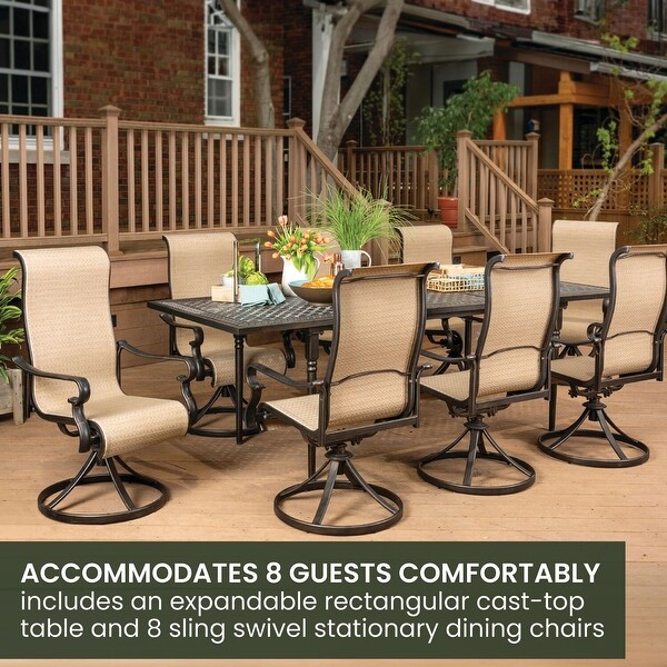 Hanover Brigantine 9Piece Outdoor Patio Dining Set with an Expandable Cast Top Aluminum Table and 8 Sling Swivel Rockers