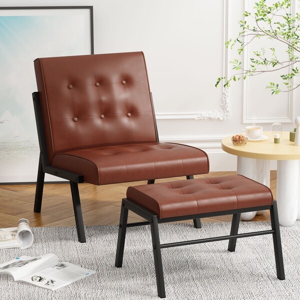 Mieres Mid-Century Style Faux Leather Upholstered Accent Chair with Ottoman， 23.6'' Wide Tufted Armless Chair for Living Room