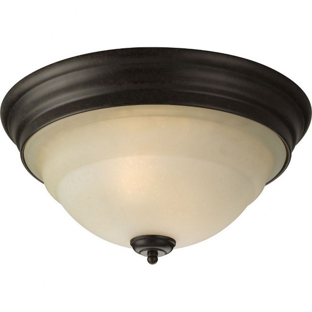 Progress Lighting Torino 2 light Flush Mount Forged Bronze Etched White Glass Bowl Shade Included