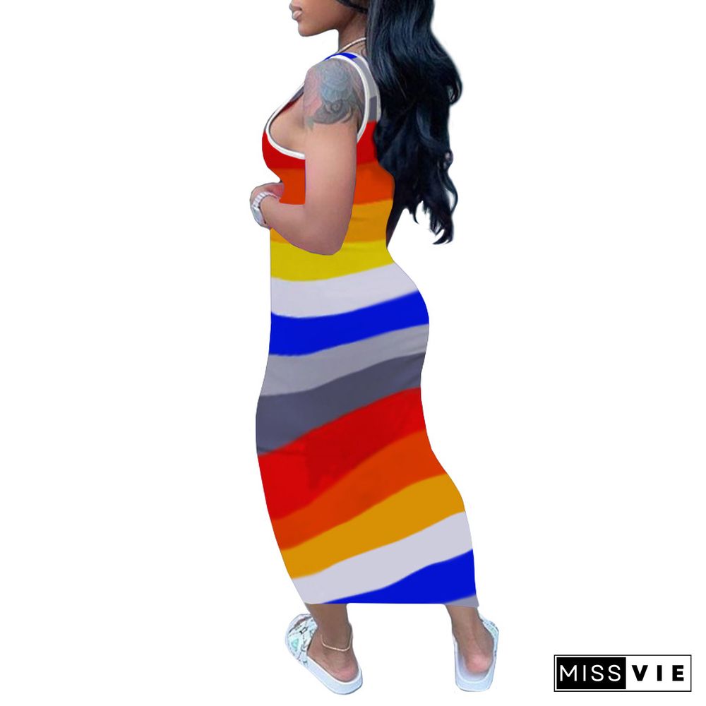 Summer Contrast Color Striped Sleeveless Bodycon Long Dress