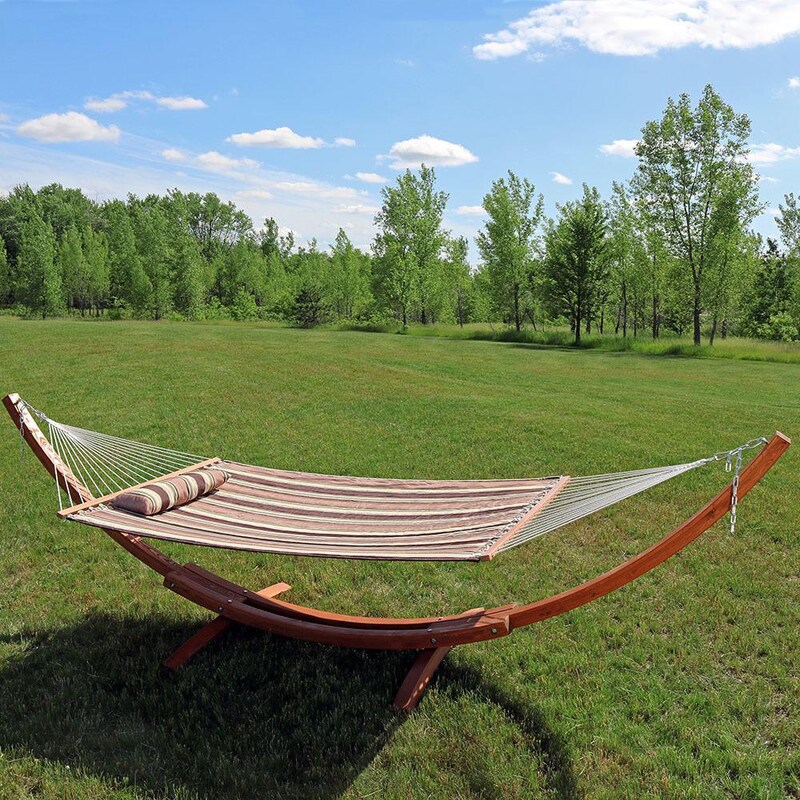 Ultimate Patio Quilted Double Hammock and Pillow w/ 13-Foot Wood Stand