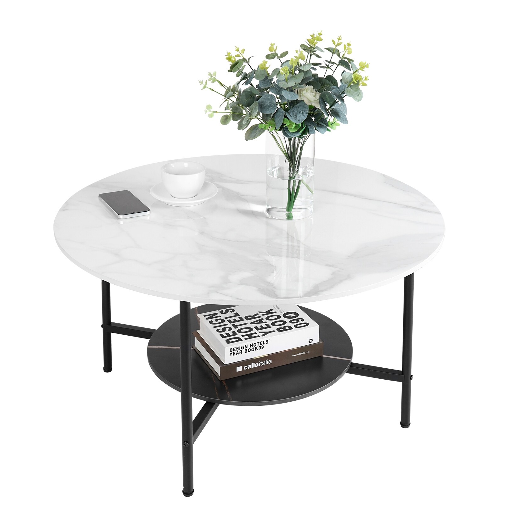 Round Coffee Table Marble Modern Accent Table - 31.5x31.5x18.7in