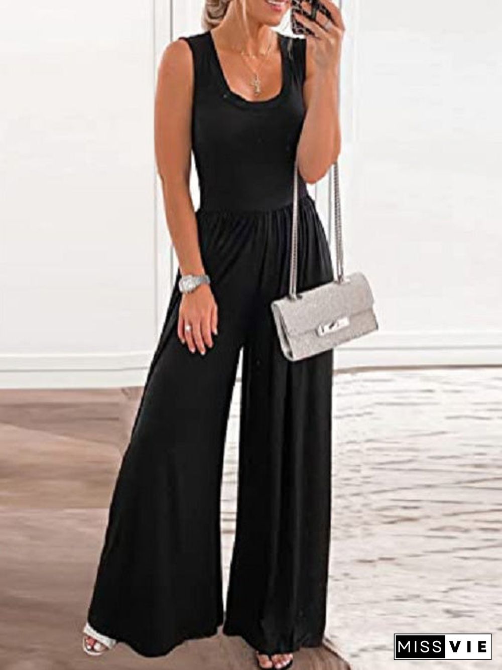 Women'S Jumpsuits Casual U-Neck Sleeveless Wide-Leg Jumpsuit