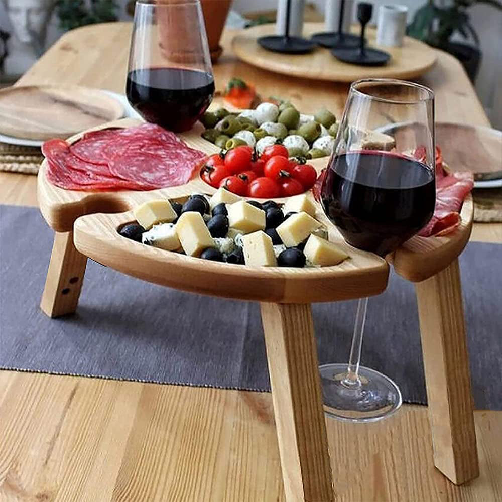 VIVEFOX Wooden Picnic Table， Portable 2-in-1 Picnic Table， Folding Wine Glass Holder Suitable for Outdoor Indoor Camping