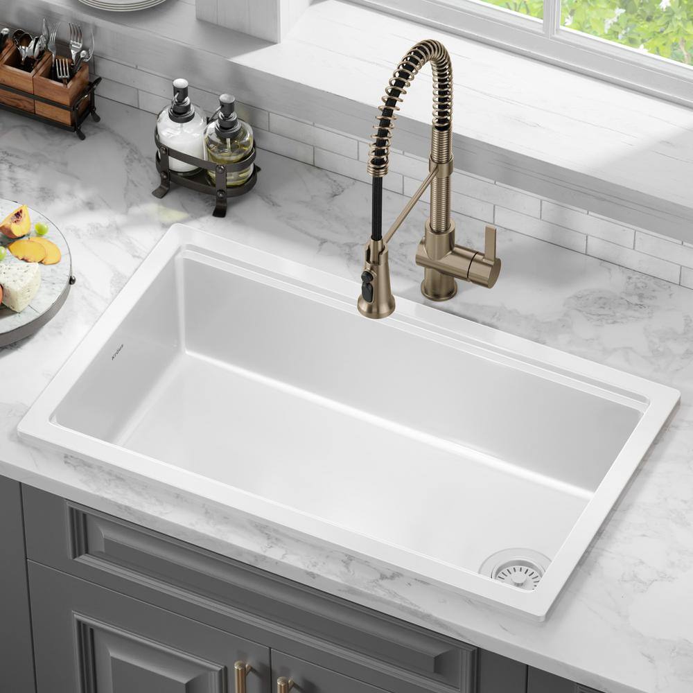 KRAUS Turino Gloss White Fireclay 33 in. Single Bowl Drop-InUndermount Workstation Kitchen Sink KFDW1-33GWH