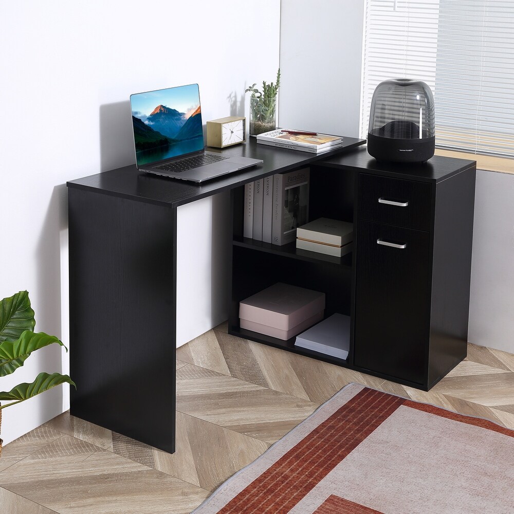 HOMCOM L Shaped Corner Computer Desk Workstation with Rotating Storage Shelves and Drawer for Home   Office