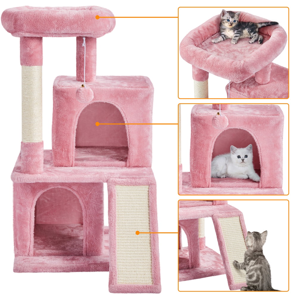 Easyfashion Multilevel Plush Cat Tree with Double Condos and Furry Ball for Cats， Kittens， Pink