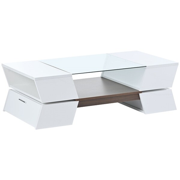 2-Tier Glass-Top Coffee Table with Open Shelves and Cabinets