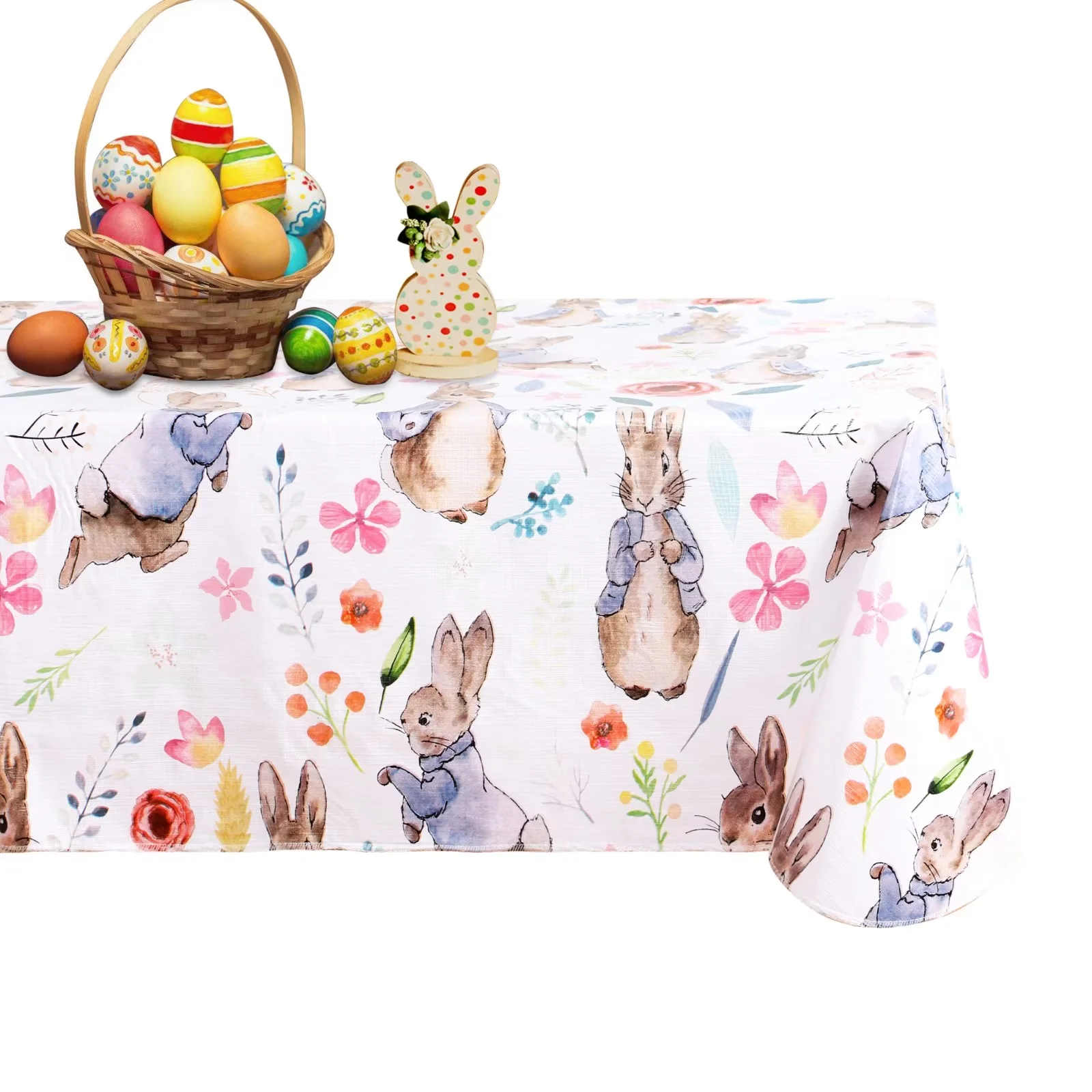 LUSHVIDA Easter Round Table Cloth - 60x102 Inch Waterproof Rabbit Flower Pattern Tablecloth Vinyl Wipe Clean Table Cover for Dining Table， Easter Dinner， Kitchen， Holiday Party Table Decor