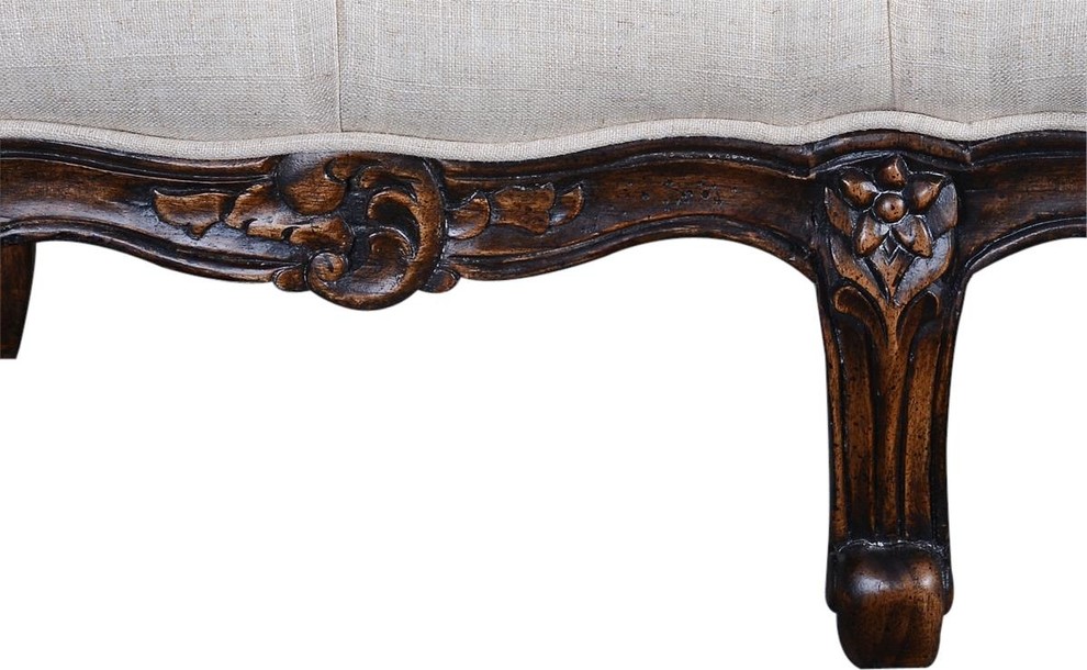 Long Footstool French Country Farmhouse Carved Wood Walnut  Oatmeal   Traditional   Footstools And Ottomans   by EuroLuxHome  Houzz